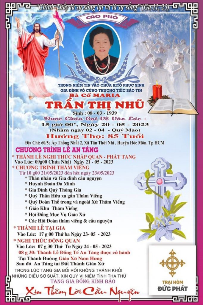 Cáo phó: Thân mẫu của Linh mục Giuse Đinh Quang Lâm, chánh xứ giáo xứ Chính Lộ, qua đời